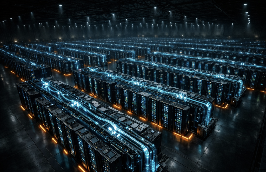 A split image showing a vast AI data center interior on the left and a straining power grid at dusk on the right, illustrating the tension between AI compute demand and energy infrastructure