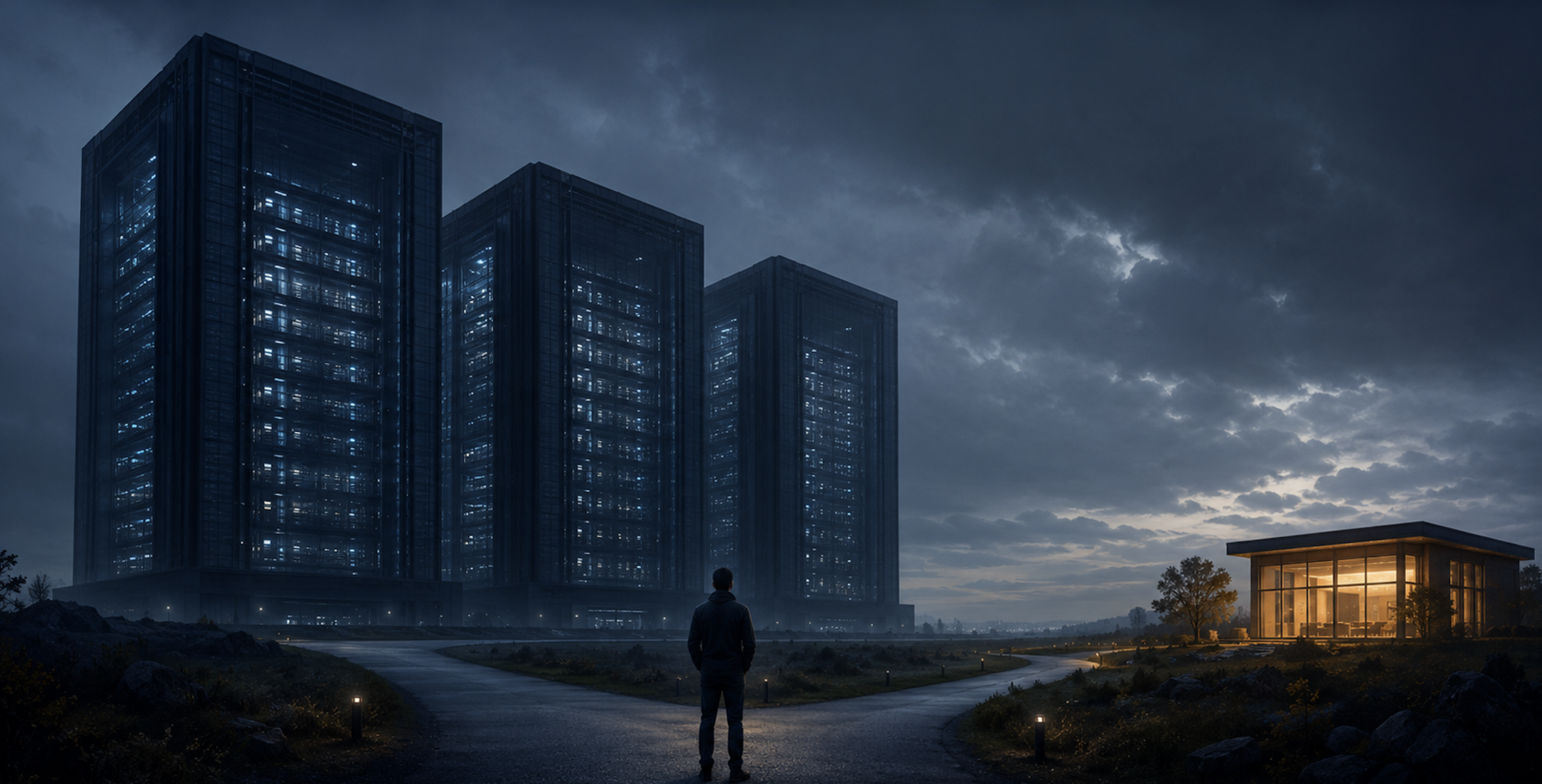 An MSP business owner standing at a crossroads between three dominant hyperscaler towers and an independently operated cloud infrastructure path