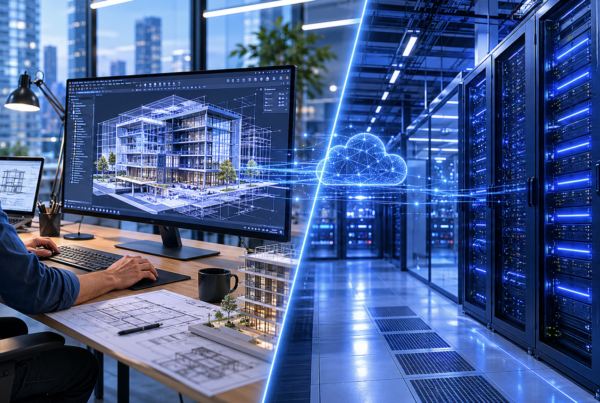 An architect reviewing a 3D building model on a cloud-connected workstation, with a data center visible through the cloud infrastructure connection in the background