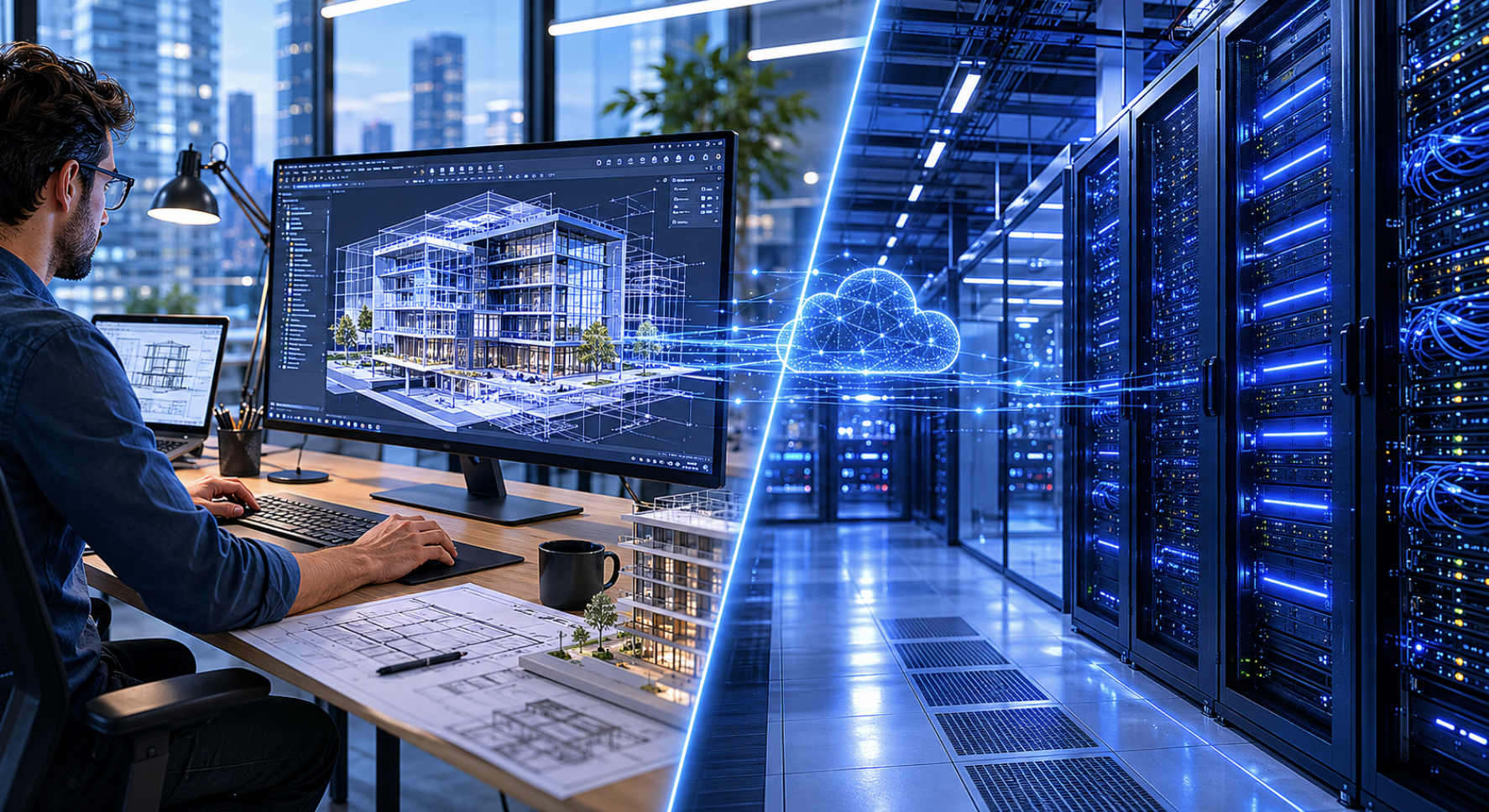 An architect reviewing a 3D building model on a cloud-connected workstation, with a data center visible through the cloud infrastructure connection in the background