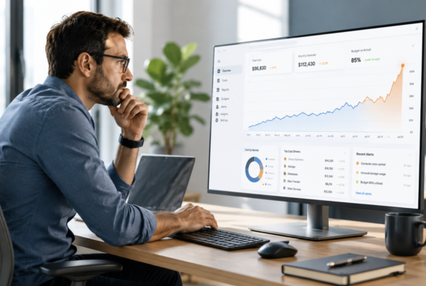 IT professional reviewing a cloud infrastructure billing dashboard showing an unexpected cost spike