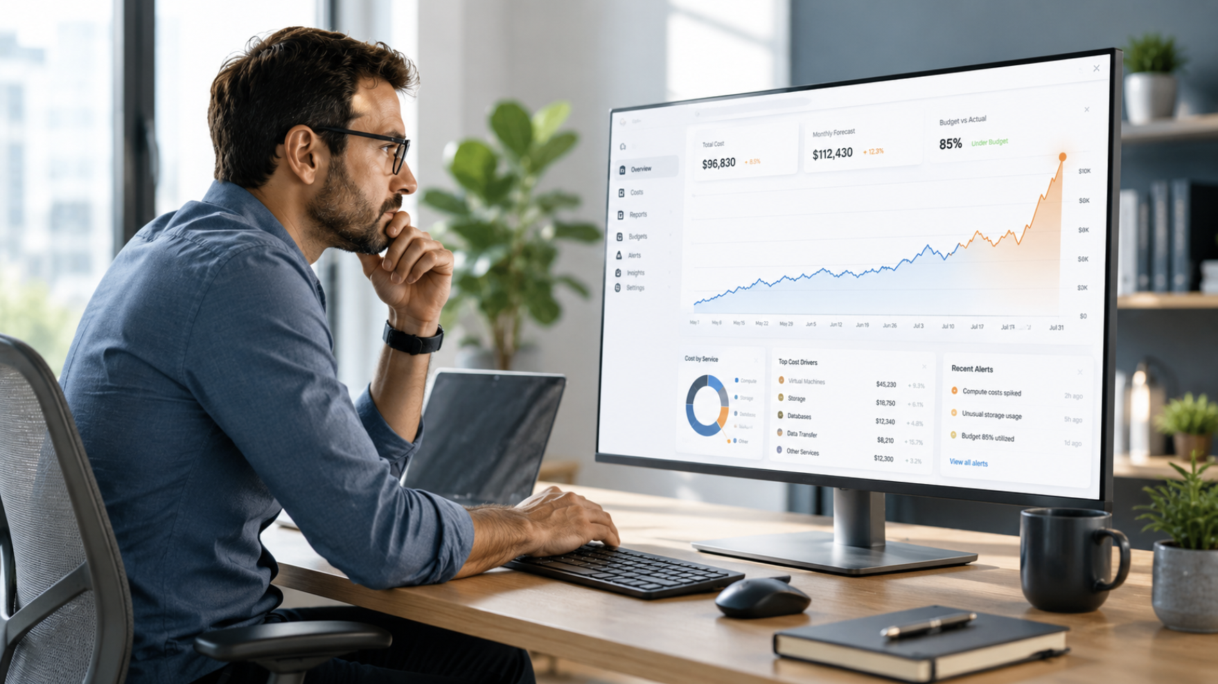 IT professional reviewing a cloud infrastructure billing dashboard showing an unexpected cost spike